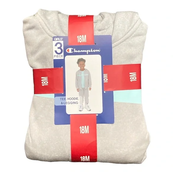 Champion Girl's Heavyweight 3 Piece Tee, Hoodie & Legging Set Oxford Heather 18M - Picture 6 of 9